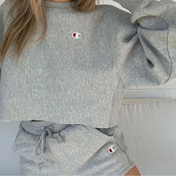 Champion Reverse Weave Cropped Sweatshirt Gray Logo Pullover Small - Picture 8 of 14